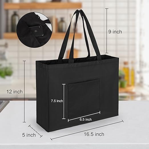 NUBILY Reusable Grocery Shopping Bags Black Zipper Tote Bags with Front Holding Pocket